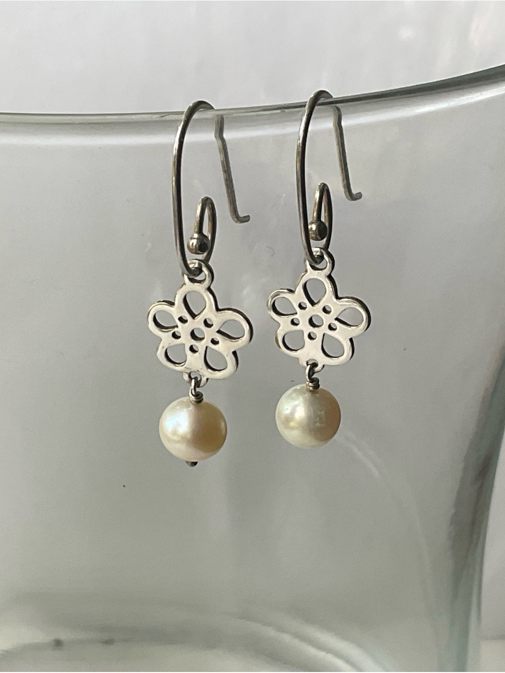Pandora Silver Floral Drop Earrings with Cream Pearls